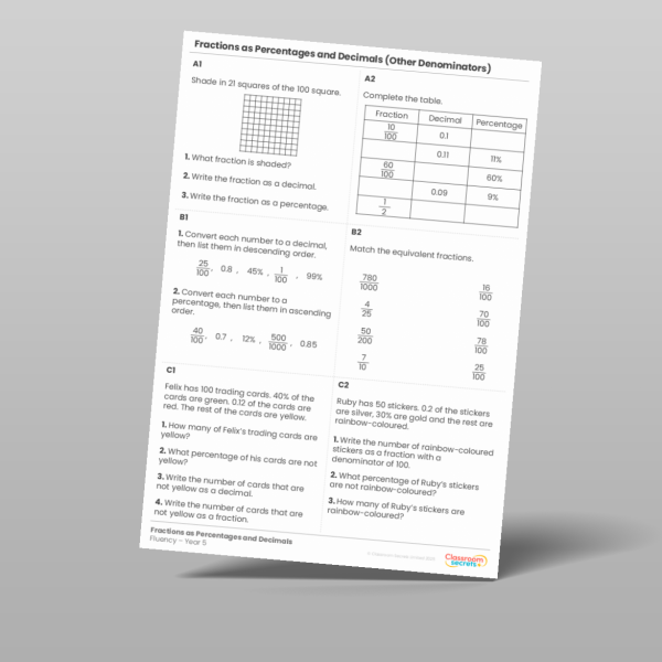 Year 5 Fractions As Percentages And Decimals Other Denominators Fluency ...