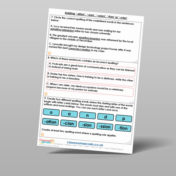 An image of the Adding '-ation', '-sion', '-ssion', '-tion' or '-cian' Homework Resource