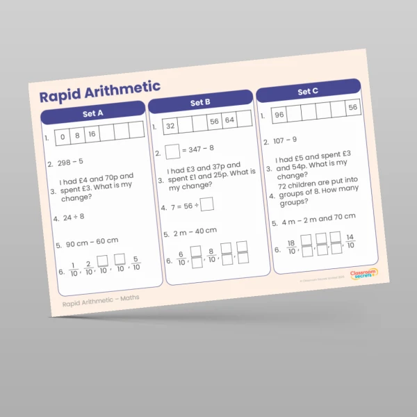 An image of the Summer 1 Week 1 Rapid Arithmetic Resource