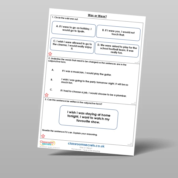 An image of the Free Was or Were? Homework Resource