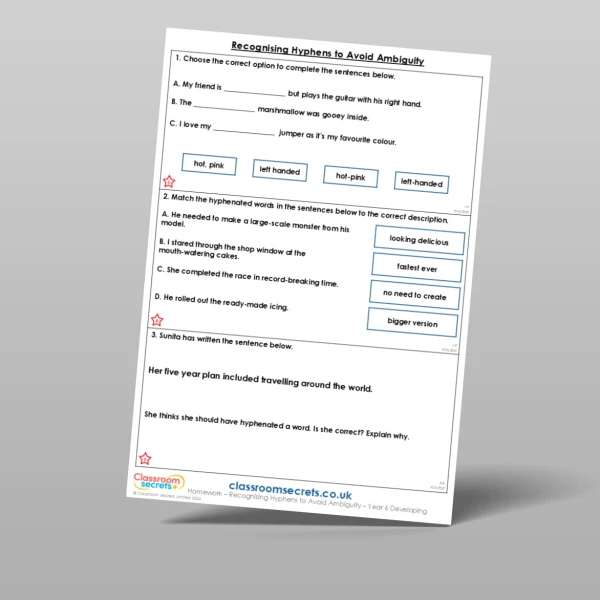An image of the Free Recognising Hyphens to Avoid Ambiguity Homework Resource