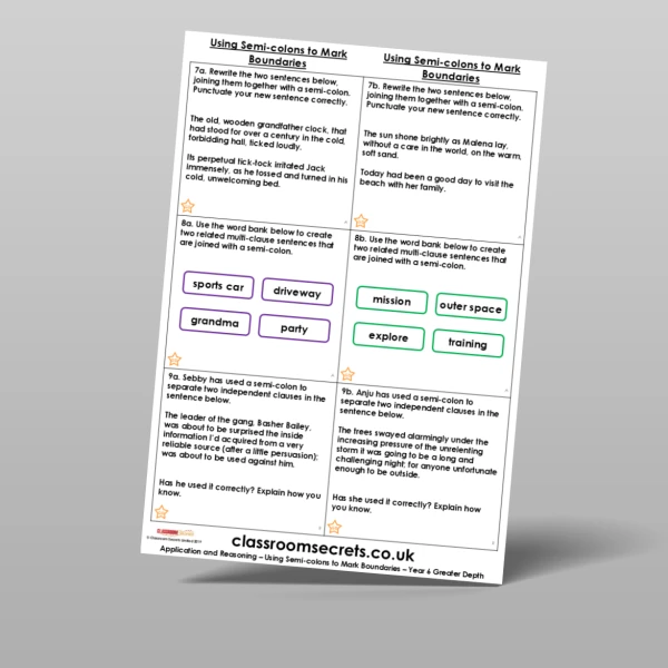 An image of the Using Semi-colons to Mark Boundaries Application and Reasoning Resource