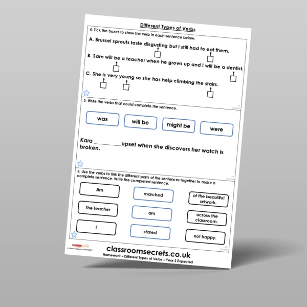 An image of the Different Types of Verbs Homework Resource