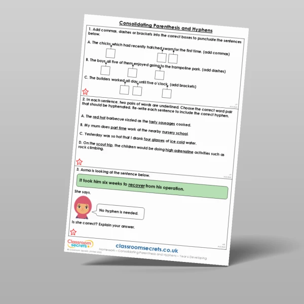 An image of the Consolidating Parenthesis and Hyphens Homework Resource