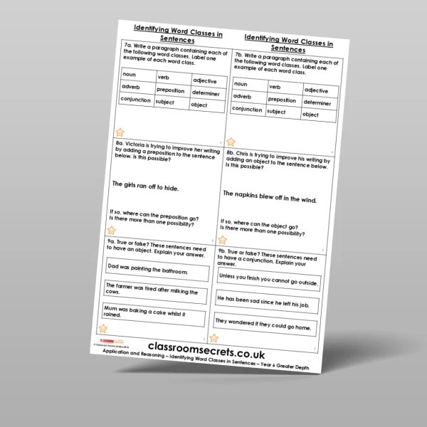 An image of the Identifying Word Classes in Sentences Application and Reasoning Resource