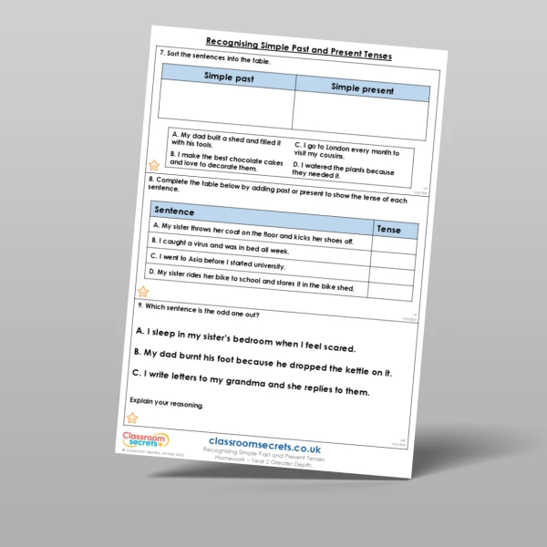 An image of the Free Recognising Simple Past and Present Tenses Homework Resource