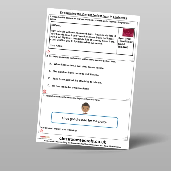 An image of the Free Recognising the Present Perfect Form in Sentences Homework Resource