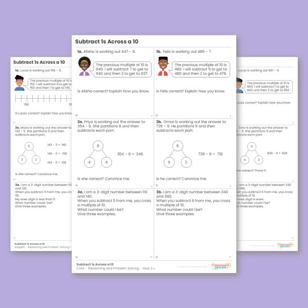 An image of the Subtract 1s Across a 10 Reasoning and Problem Solving Resource