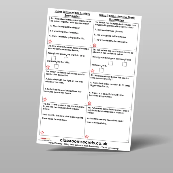 An image of the Using Semi-colons to Mark Boundaries Varied Fluency Resource