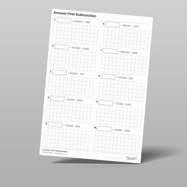 An image of the Answer First Subtraction Arithmetic Test Resource