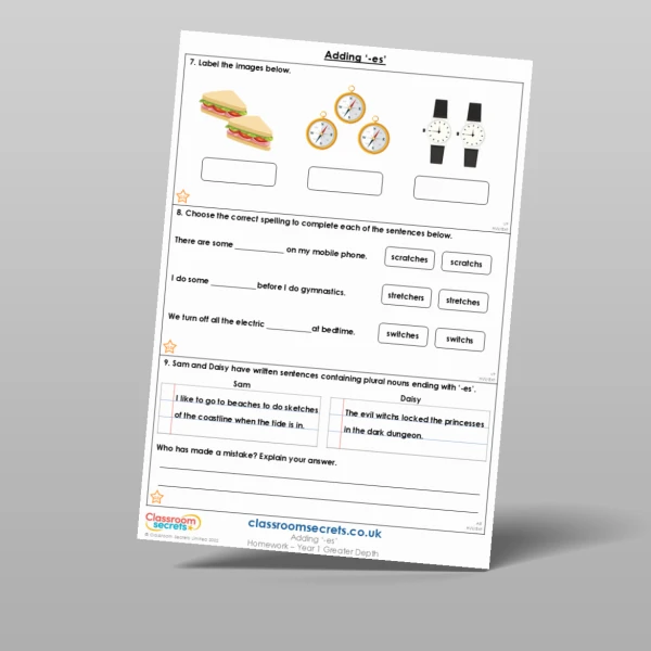 An image of the Adding '-es' Homework Resource