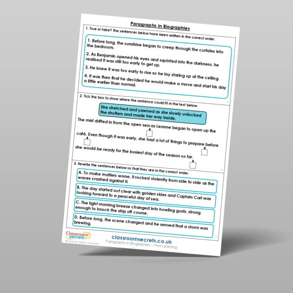 An image of the Paragraphs in Biographies Prior Learning Resource