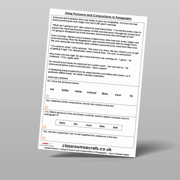 An image of the Using Pronouns and Conjunctions in Paragraphs Varied Fluency Resource