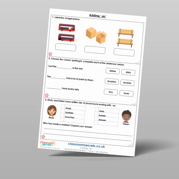 An image of the Adding 'es' Homework Resource