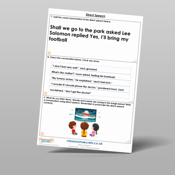 An image of the Direct Speech Homework Resource