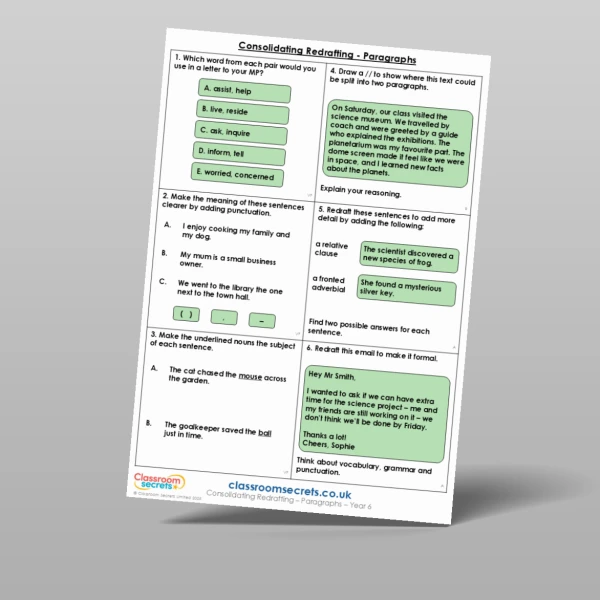 An image of the Consolidating Redrafting - Paragraphs Mixed Activity Resource