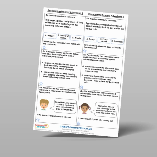 An image of the Recognising Fronted Adverbials 2 Application and Reasoning Resource