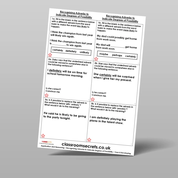 An image of the Recognising Adverbs to Indicate Degrees of Possibility Application and Reasoning Resource