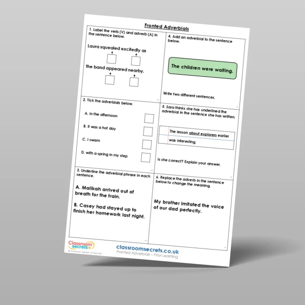 An image of the Fronted Adverbials Prior Learning Resource