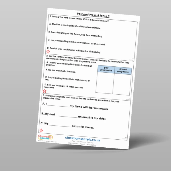 An image of the Past and Present Tense 2 Homework Resource