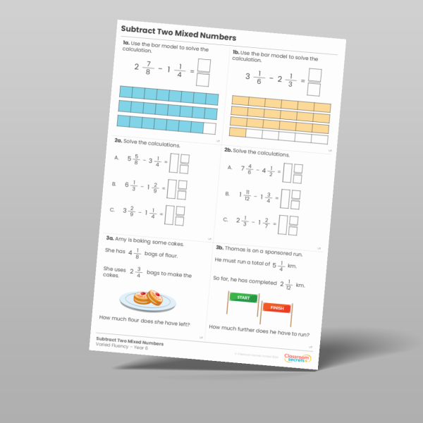 Year 6 Subtract Two Mixed Numbers Varied Fluency Resource | Classroom ...
