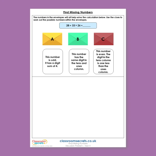 Year 5 Find Missing Numbers Addition and Subtraction Deeper Reasoning Discussion Problem