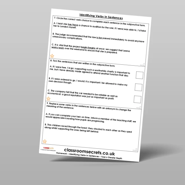 An image of the Free Identifying Verbs in Sentences Homework Resource