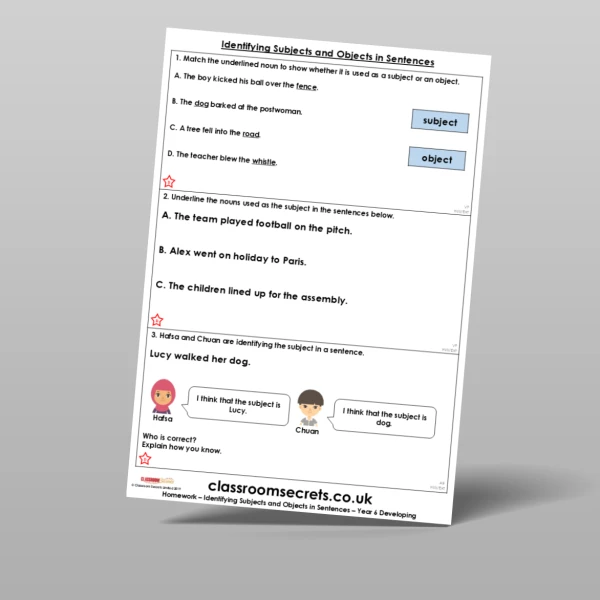 An image of the Identifying Subjects and Objects in Sentences Homework Resource