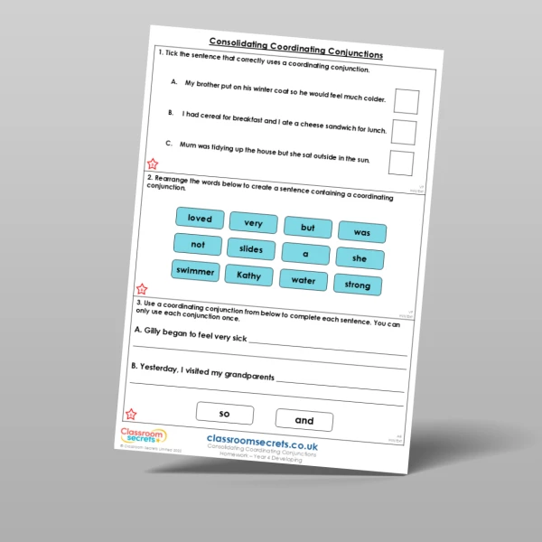 An image of the Consolidating Coordinating Conjunctions Homework Resource