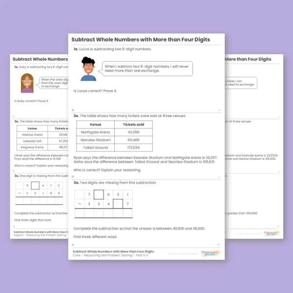 An image of the Subtract Whole Numbers with More than Four Digits Reasoning and Problem Solving Resource