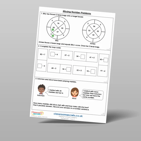 An image of the Missing Number Problems Homework Resource