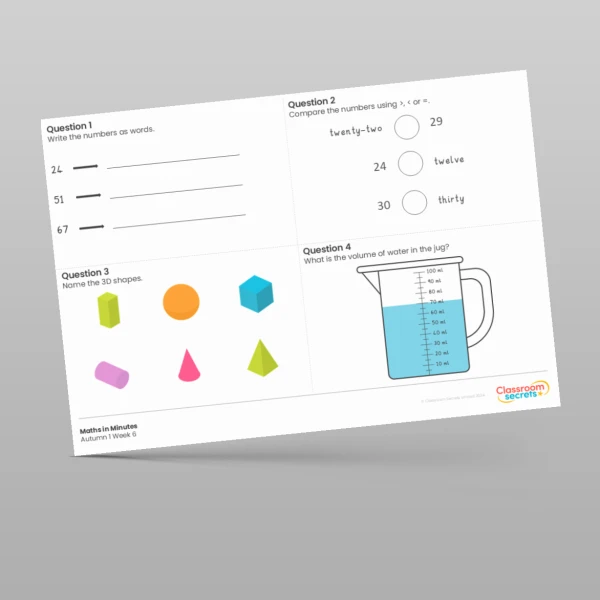 An image of the Autumn 1 Week 6 Maths in Minutes Resource