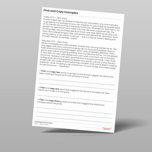 An image of the Find and Copy Examples Reading Test Practice Resource