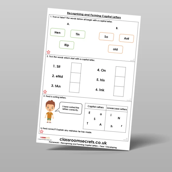 An image of the Free Recognising and Forming Capital Letters Homework Resource