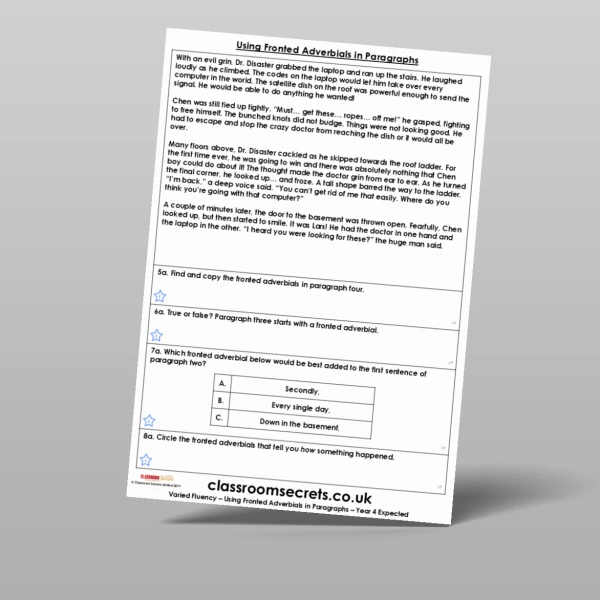 An image of the Using Fronted Adverbials in Paragraphs Varied Fluency Resource