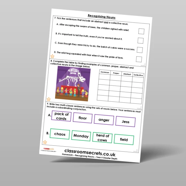 An image of the Free Recognising Nouns Homework Resource