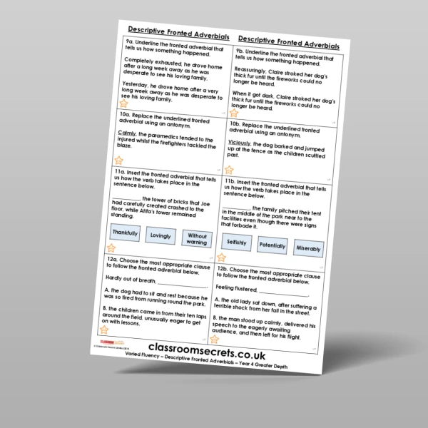 An image of the Descriptive Fronted Adverbials Varied Fluency Resource