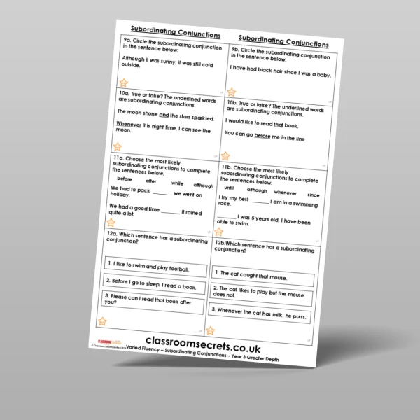 An image of the Subordinating Conjunctions Varied Fluency Resource