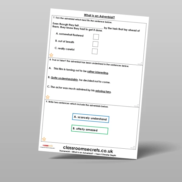 An image of the Free What is an Adverbial? Homework Resource