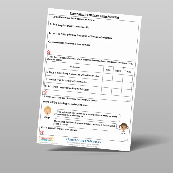 An image of the Expanding Sentences using Adverbs Homework Resource
