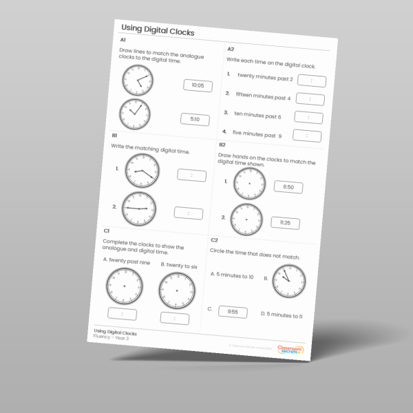 Year 3 Using Digital Clocks Fluency Matrix Resource | Classroom Secrets
