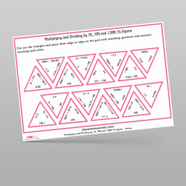 An image of the Multiplying and Dividing by 10, 100 and 1,000 Tri-Jigsaw Resource