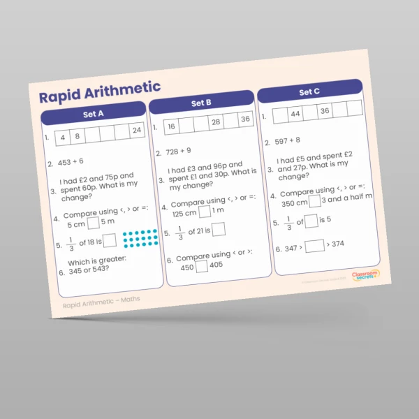An image of the Spring 2 Week 1 Rapid Arithmetic Resource