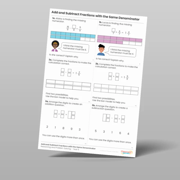 An image of the Add and Subtract Fractions with the Same Denominator Reasoning and Problem Solving Resource