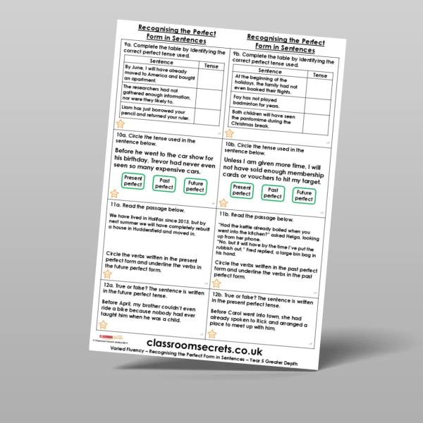 An image of the Recognising the Perfect Form in Sentences Varied Fluency Resource