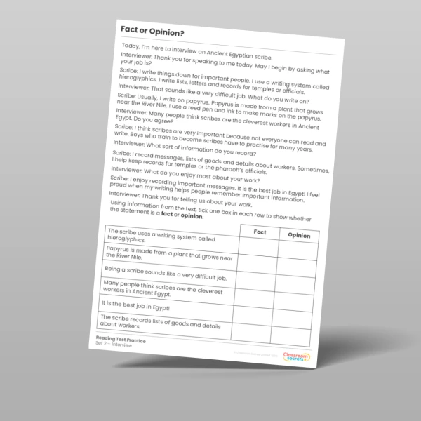 An image of the Fact or Opinion Reading Test Practice Egypt Resource