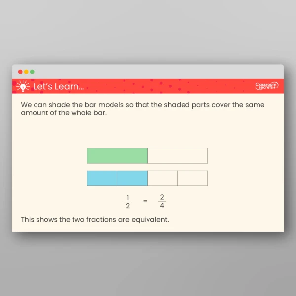 An image of the Equivalent Fractions as Bar Models Teaching PPT Resource