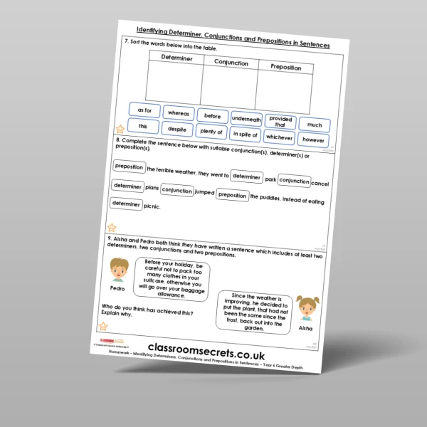 An image of the Identifying Determiners, Conjunctions and Prepositions in Sentences Homework Resource