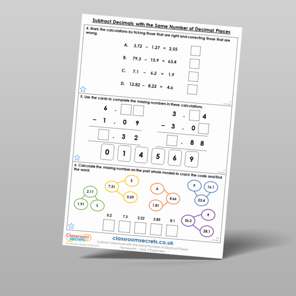 Year 5 Subtract Decimals With The Same Number Of Decimal Places ...