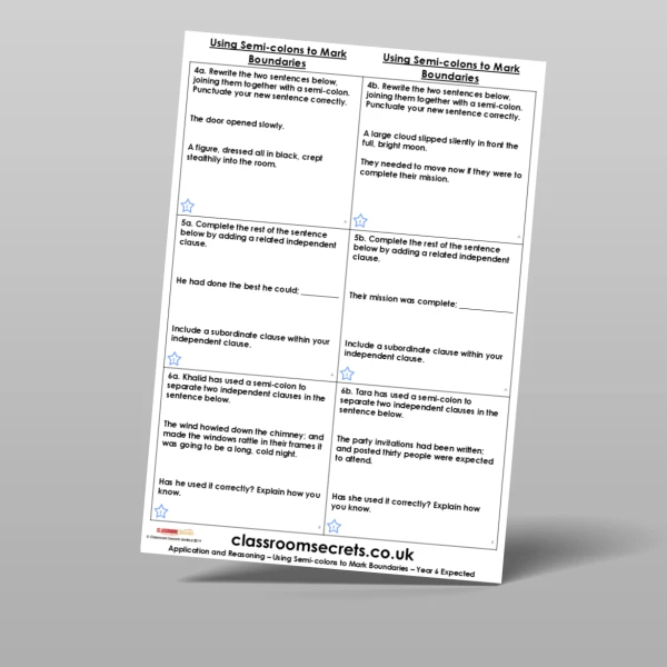 An image of the Using Semi-colons to Mark Boundaries Application and Reasoning Resource